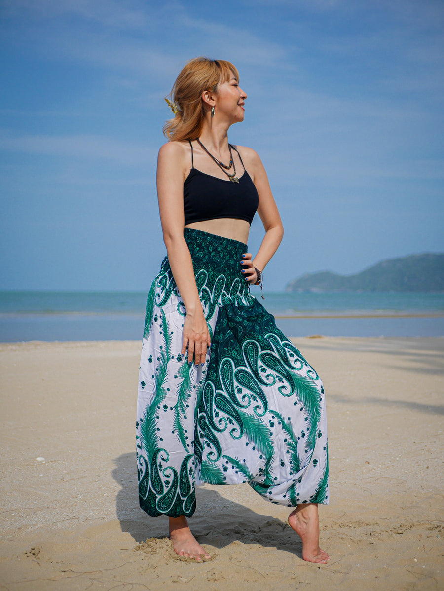 Teal Wild Peacock Mandala Low Cut Harem Pants