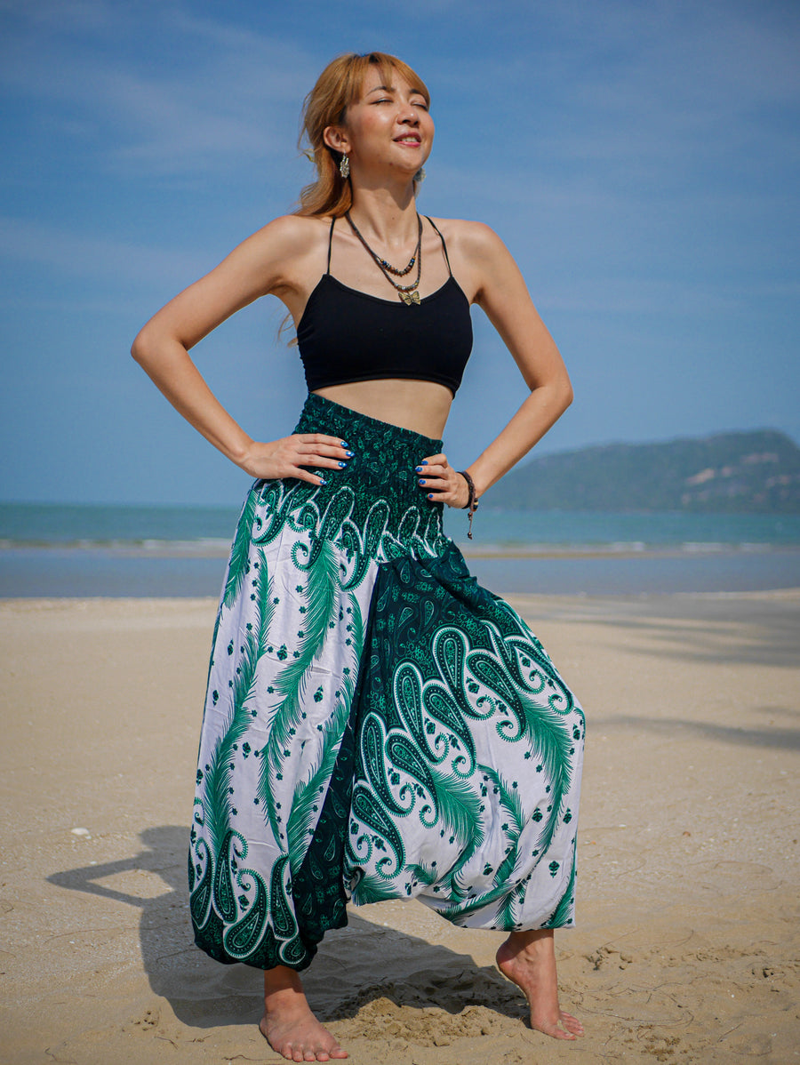 Teal Wild Peacock Mandala Low Cut Harem Pants