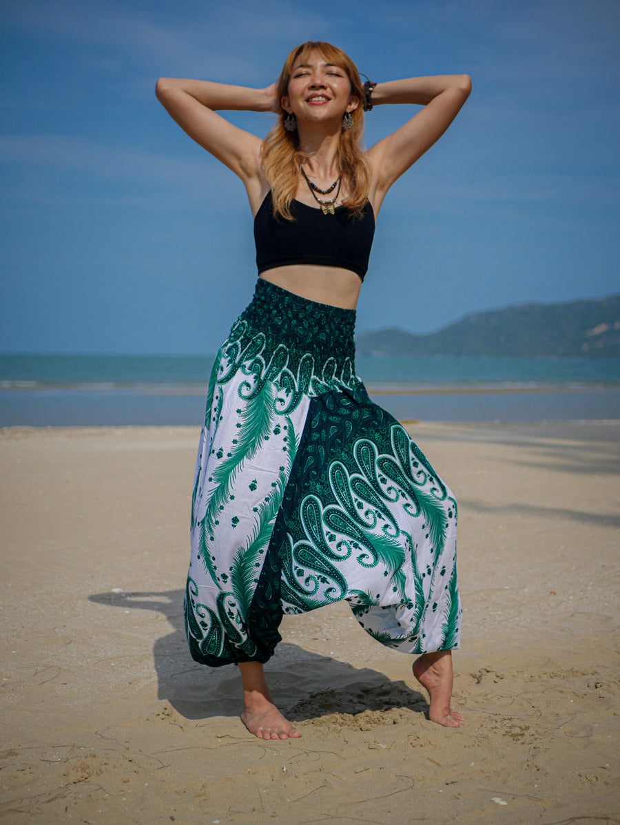 Teal Wild Peacock Mandala Low Cut Harem Pants