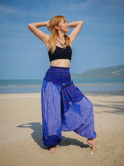 Fresh Blue Floral Mandala Low Cut Harem Pants