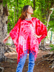 Ruby Radiance Tie Dye Poncho Tunic Kaftan Blouse Oversize Tops