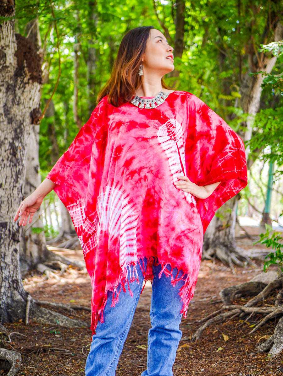 Ruby Radiance Tie Dye Poncho Tunic Kaftan Blouse Oversize Tops