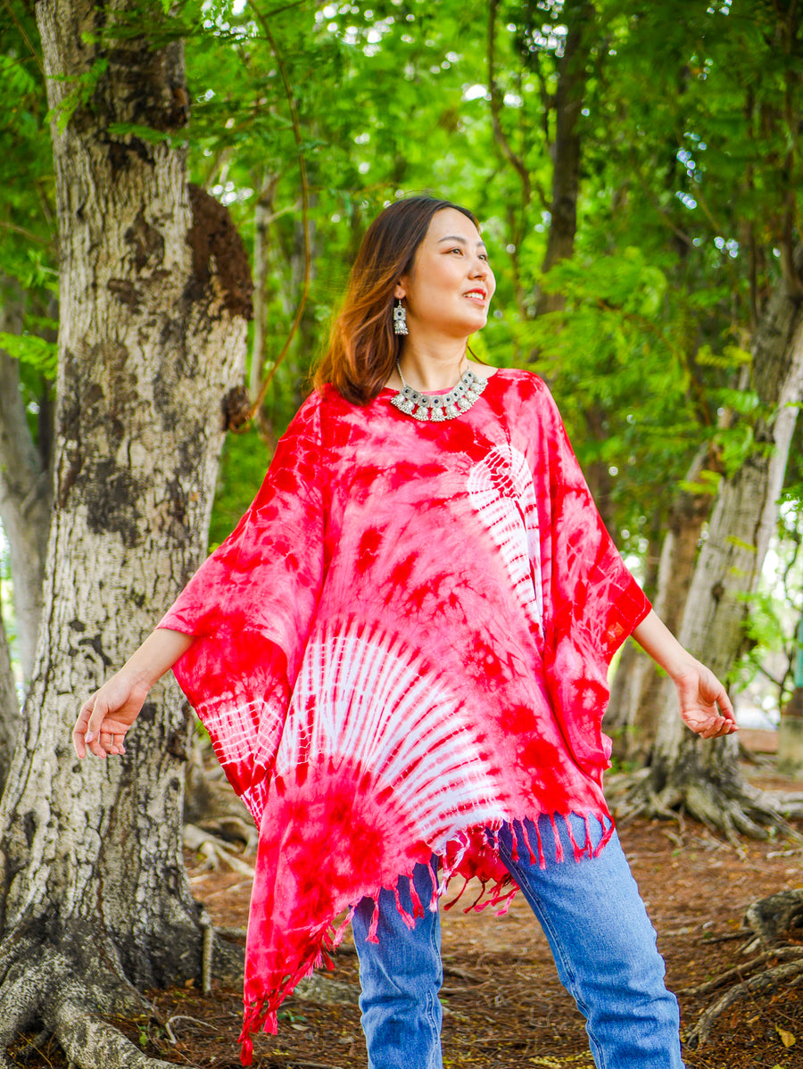 Ruby Radiance Tie Dye Poncho Tunic Kaftan Blouse Oversize Tops