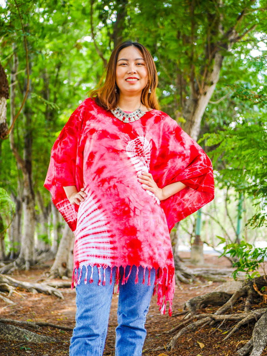 Ruby Radiance Tie Dye Poncho Tunic Kaftan Blouse Oversize Tops