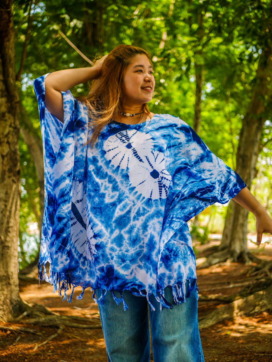 Blue Horizon Tie Dye Poncho Hand Dyed Tunic Kaftan Blouse Oversize Top