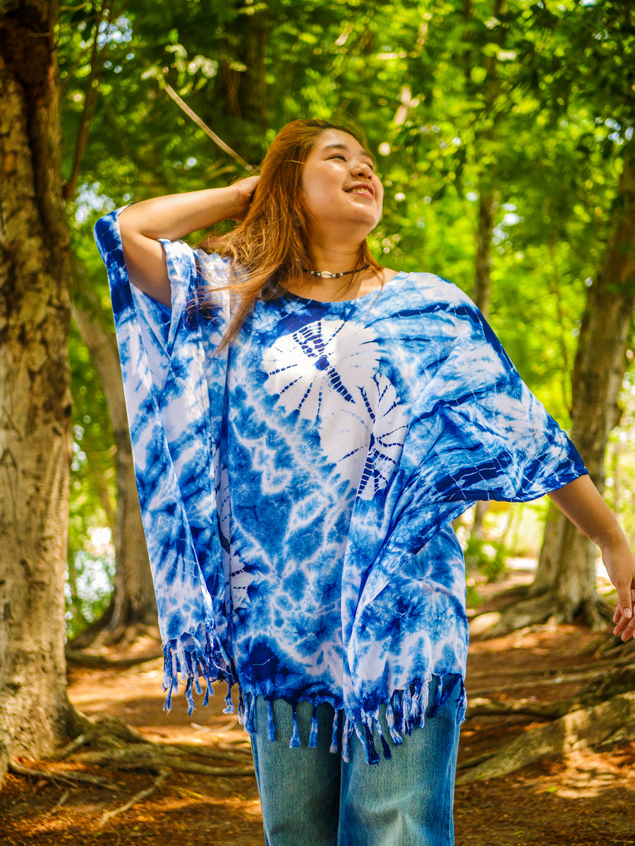 Blue Horizon Tie Dye Poncho Hand Dyed Tunic Kaftan Blouse Oversize Top