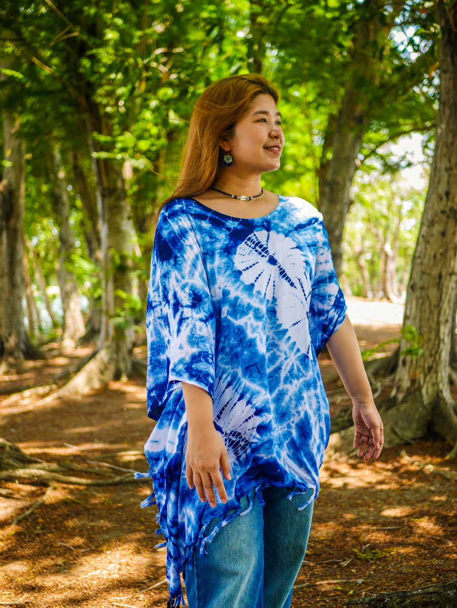 Blue Horizon Tie Dye Poncho Hand Dyed Tunic Kaftan Blouse Oversize Top