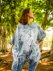 Silver Mist Tie Dye Poncho Tunic Kaftan Blouse Oversize Top