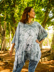 Silver Mist Tie Dye Poncho Tunic Kaftan Blouse Oversize Top