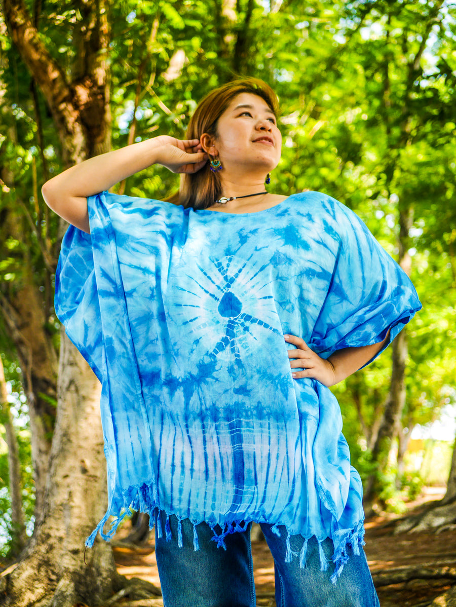 Azure Sky Tie Dye Poncho Hand Dyed Tunic Kaftan Blouse Oversize Top