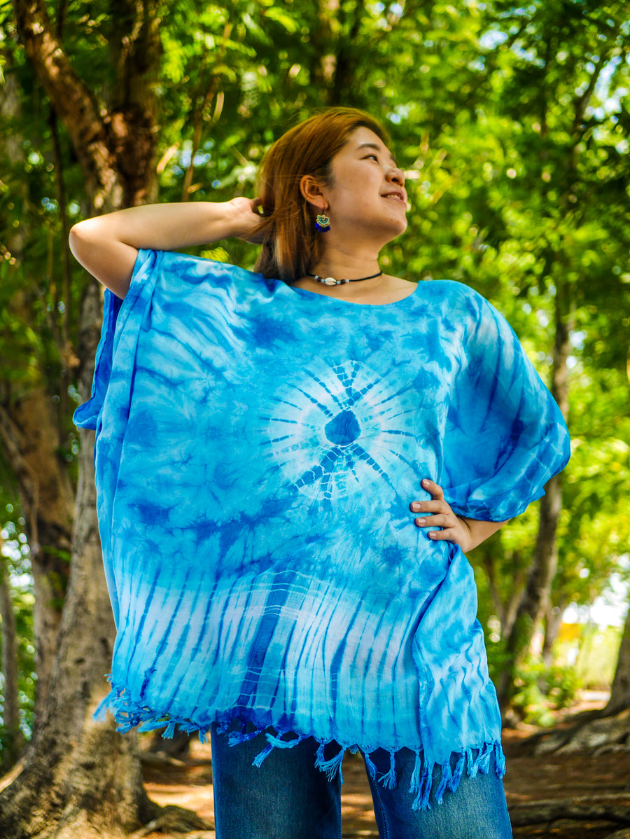 Azure Sky Tie Dye Poncho Hand Dyed Tunic Kaftan Blouse Oversize Top