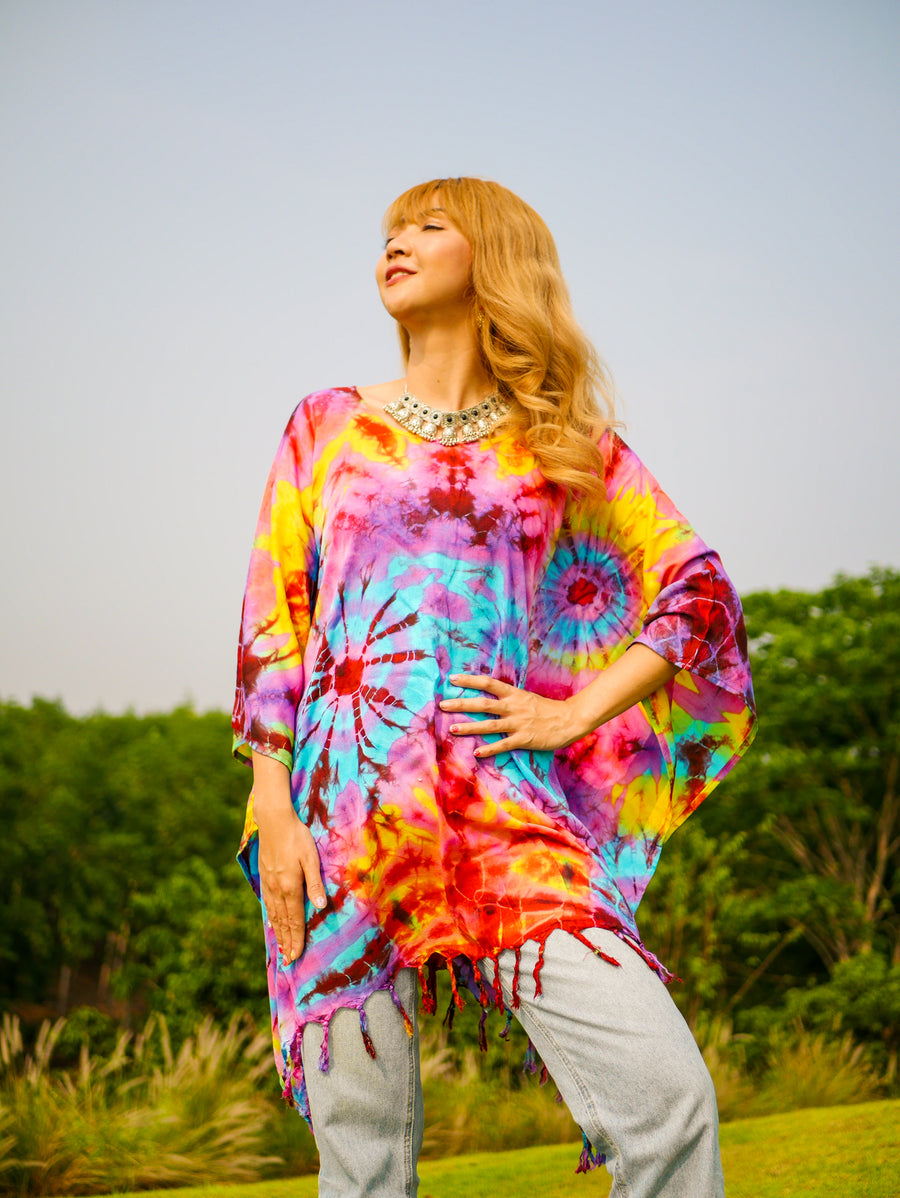 Rainbow Ripple Poncho Hand Dyed Tunic Kaftan Blouse Oversize Top