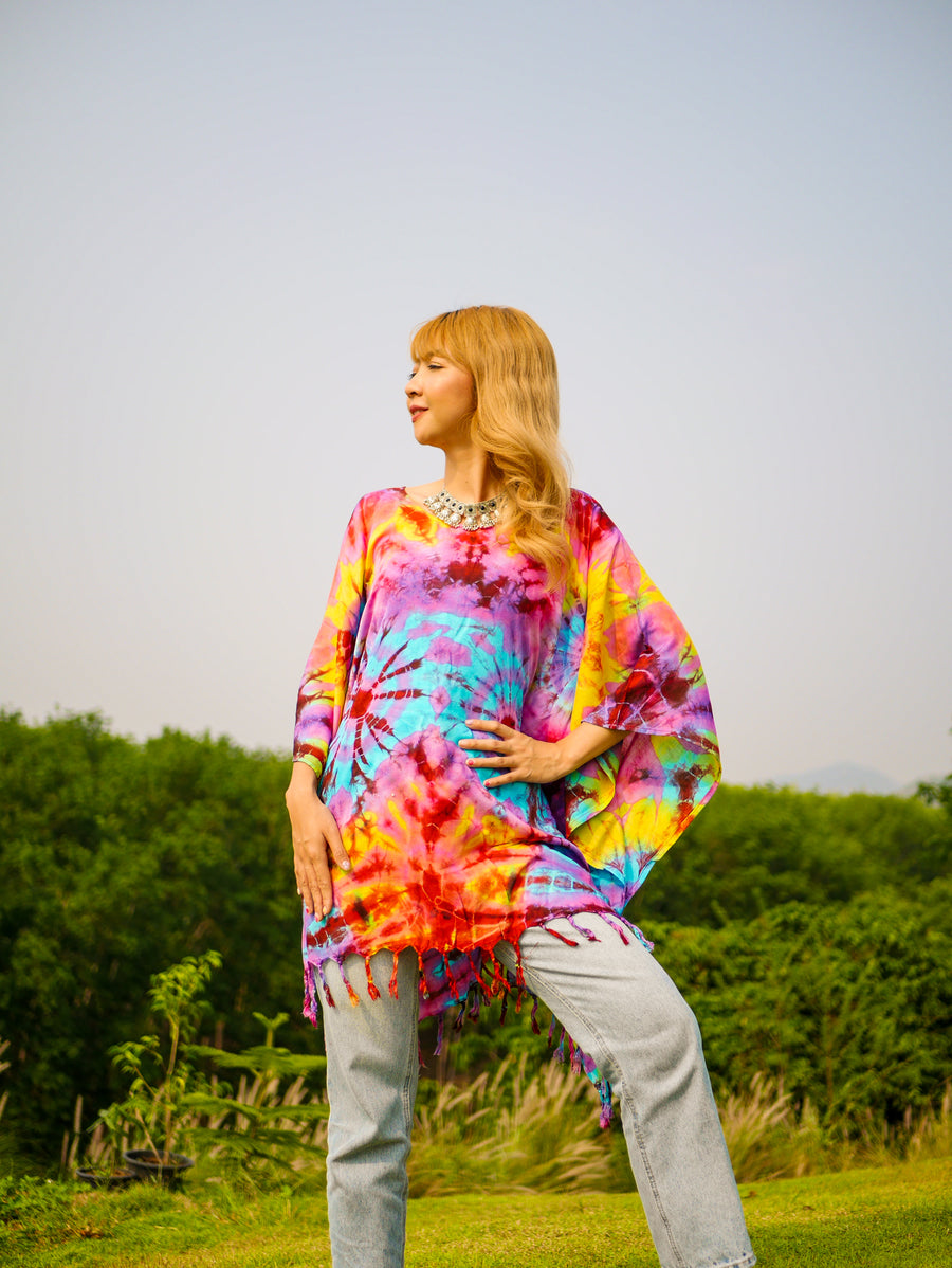 Rainbow Ripple Poncho Hand Dyed Tunic Kaftan Blouse Oversize Top