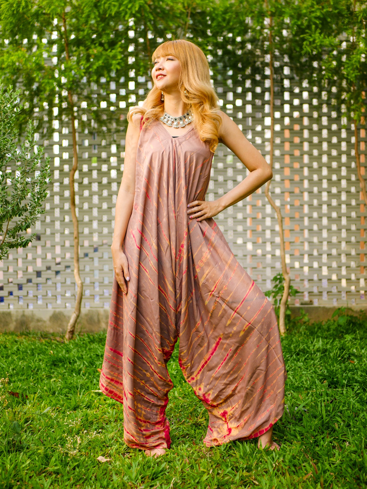 J0250- Hand Dyed Wide Leg Boho Hippie Jumpsuits Rompers Pants with Pockets