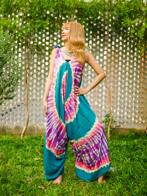 J0336- Hand Dyed Wide Leg Boho Hippie Jumpsuits Rompers Pants with Pockets
