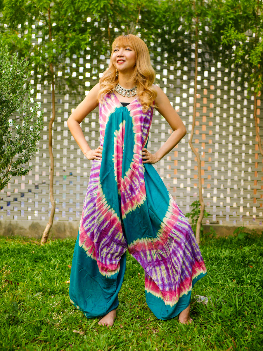 J0336- Hand Dyed Wide Leg Boho Hippie Jumpsuits Rompers Pants with Pockets