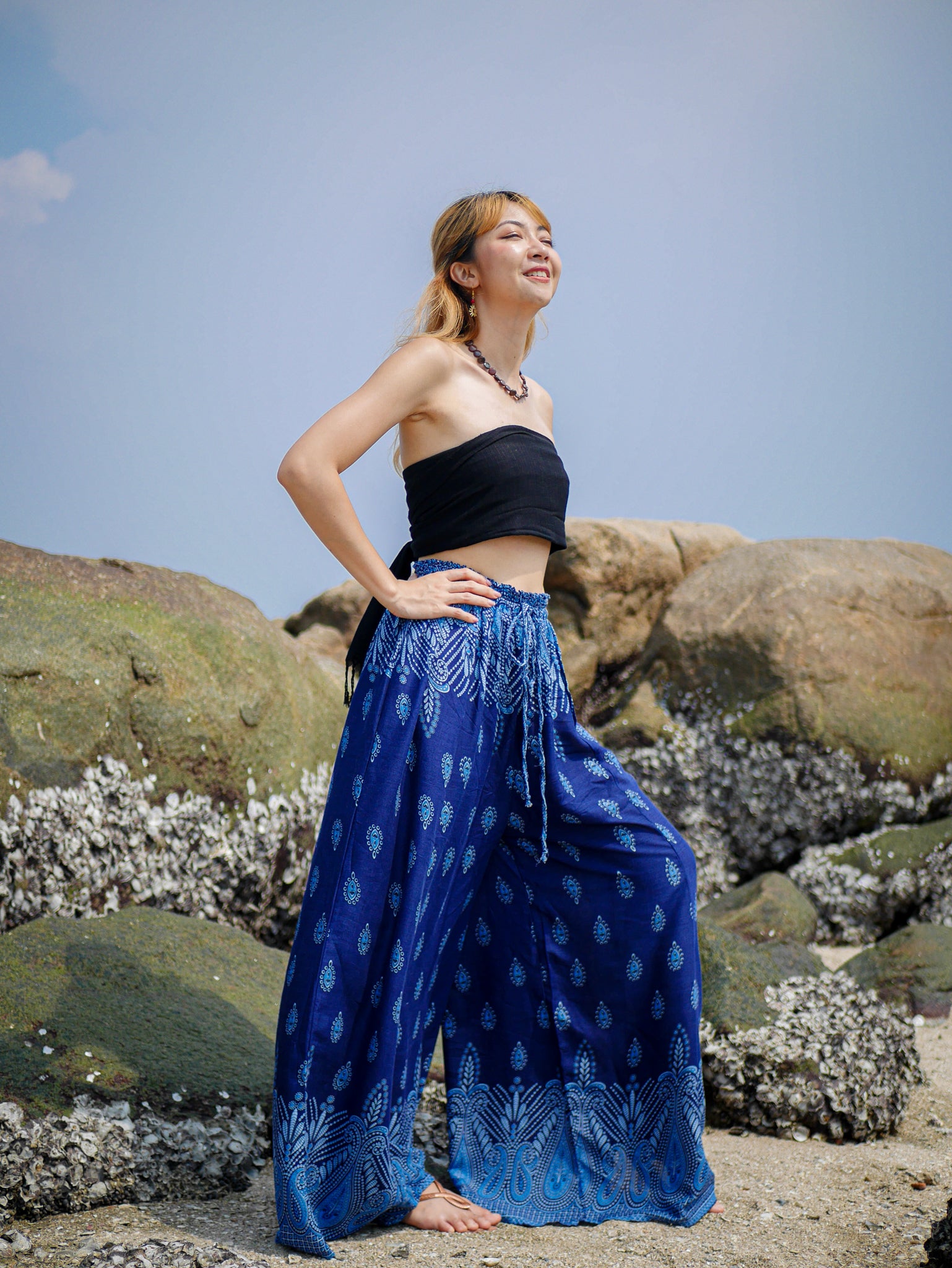 Blue Paisley Wide Leg Palazzo Pants Lamsri Bohemian