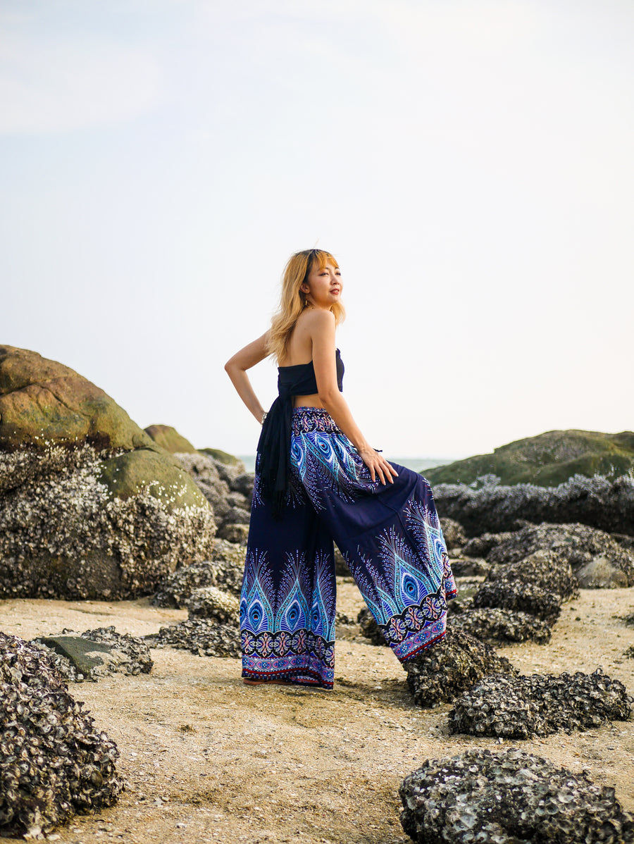 Blue Peacock Wide Leg Palazzo Pants