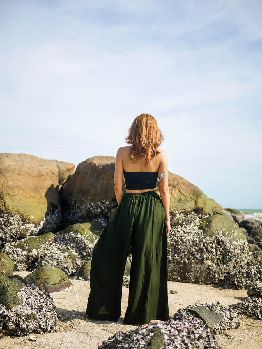 Dark Green Wide Leg Palazzo Pants