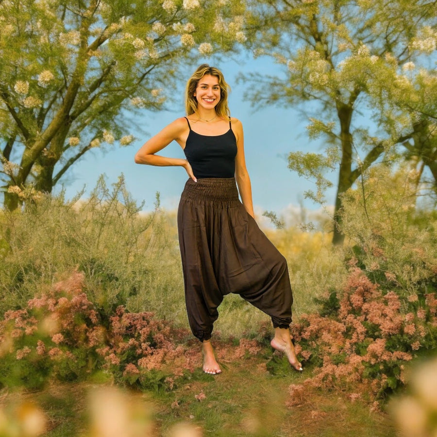 Solid Brown Low Cut Harem Pants