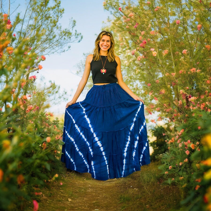 K2744- Shibori Hand Dyed Tiered Maxi Hippie Skirt