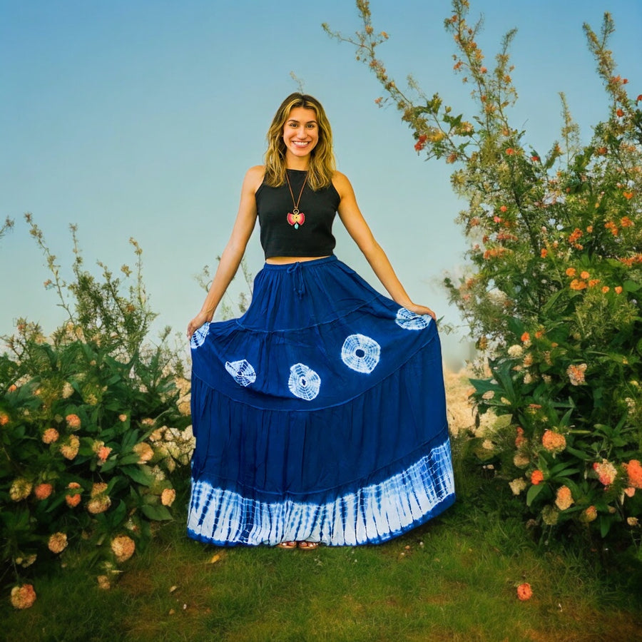 K2745- Shibori Hand Dyed Tiered Maxi Hippie Skirt