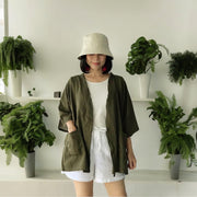 Olive Green Raw Natural Cotton Gauze Cardigan with Pockets Cover Up Top