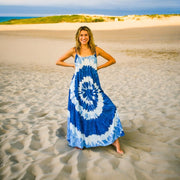 S4098- Blue Ocean Swirl Tie Dye Tiered Maxi Dress