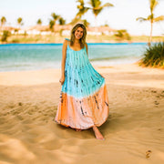 S4085- Blue Orange Ocean Swirl Tie Dye Tiered Maxi Dress