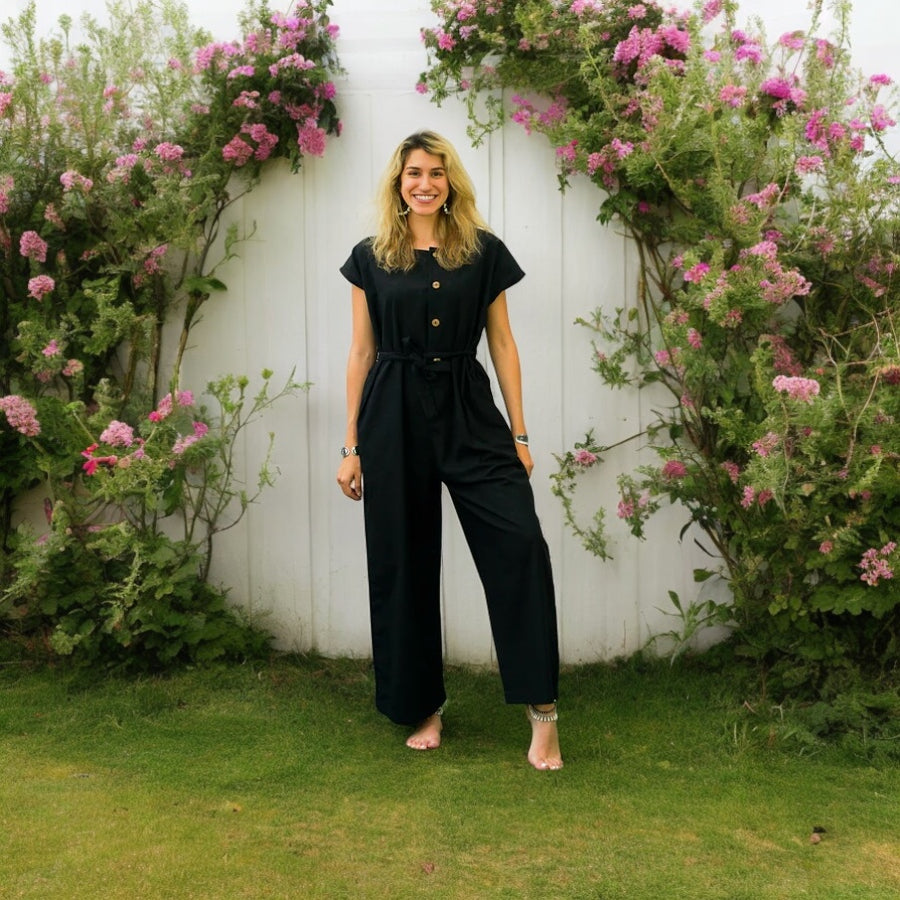 Black Natural Cotton Jumpsuits with Pockets