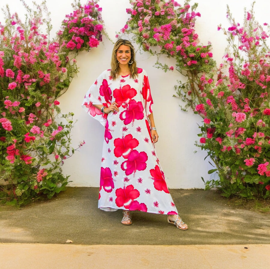 Pink White Hibiscus Kaftan