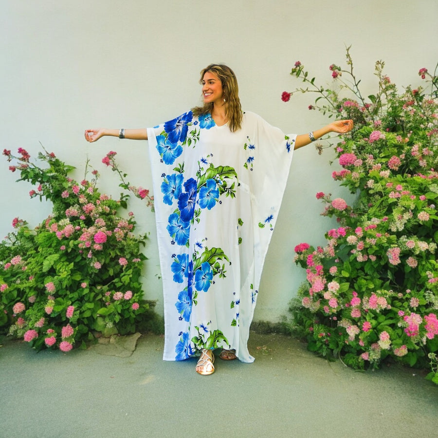 Blue White Hibiscus Kaftan