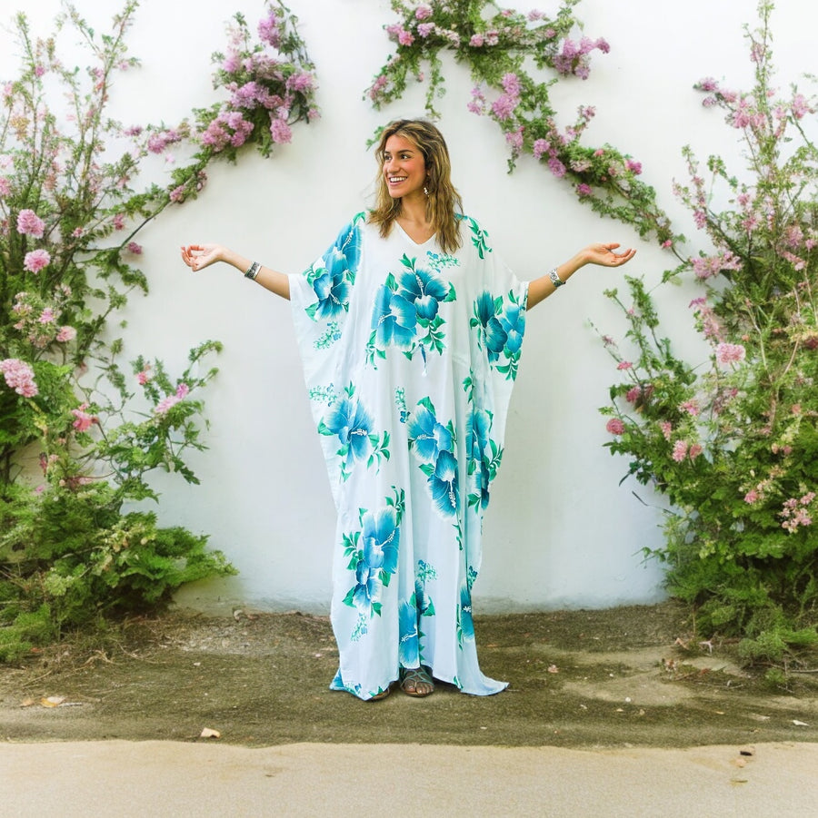 Teal and White Hibiscus Kaftan