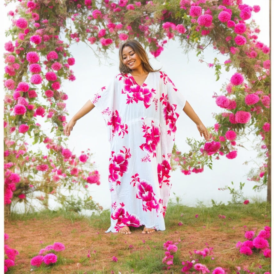 Pink White Hibiscus Kaftan