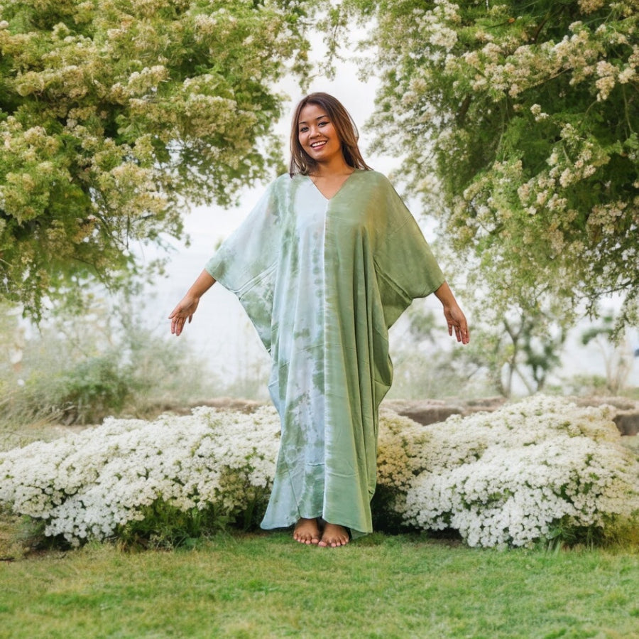 Green Two Tone Hand Dyed Kaftan Dress