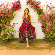 Burgundy Floral Mandala Goddess Boho Maxi Dress