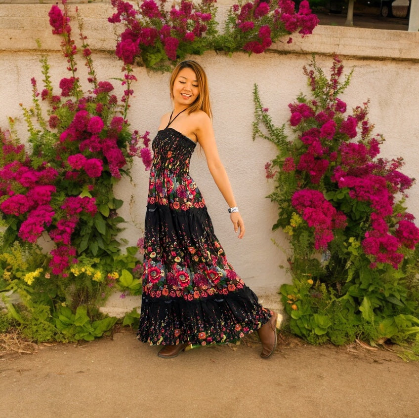 Black Floral Tiered SunDress Maxi Dress