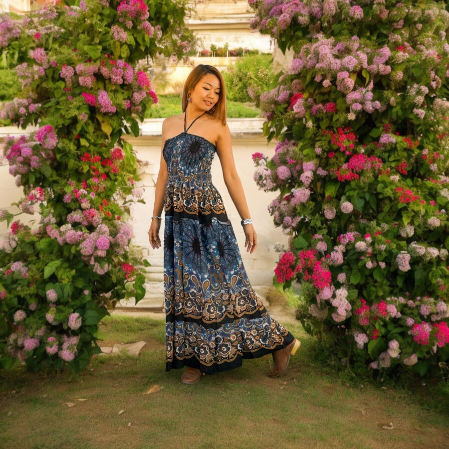 Blue Floral Tiered Mandala SunDress Maxi Dress