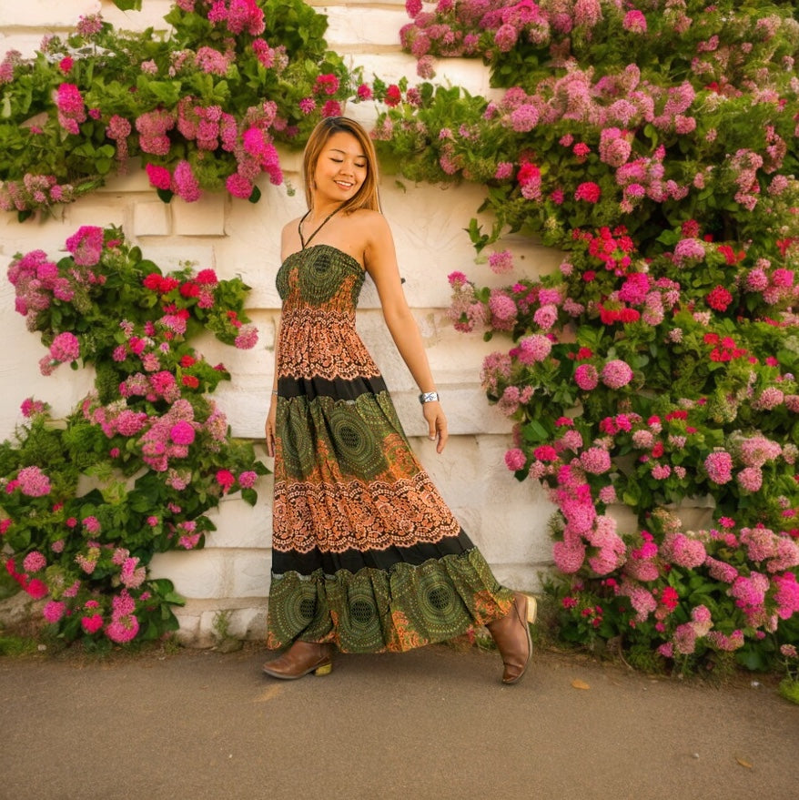 Brown Mandala Tiered SunDress Maxi Dress