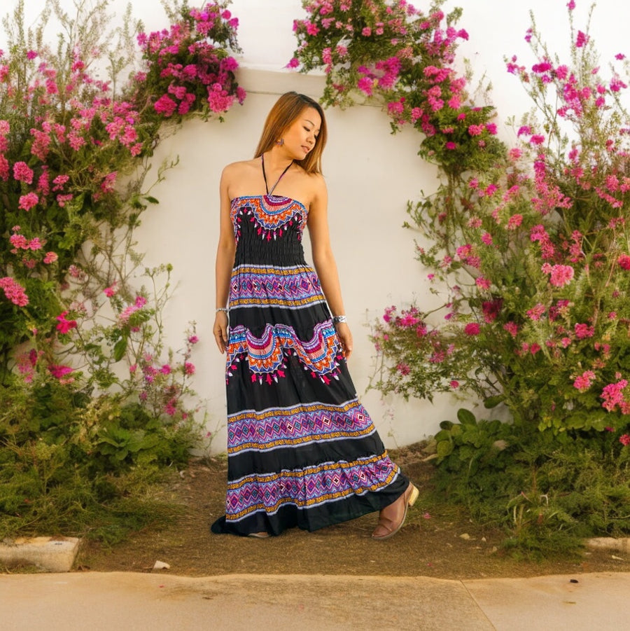 Black and Pink Tiered SunDress Maxi Dress