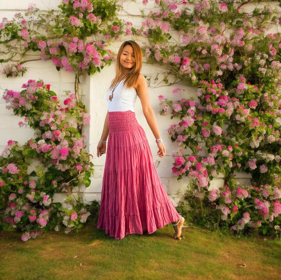 Pink Raw Crinkled Organic Cotton Gauze Tiered Maxi Skirt