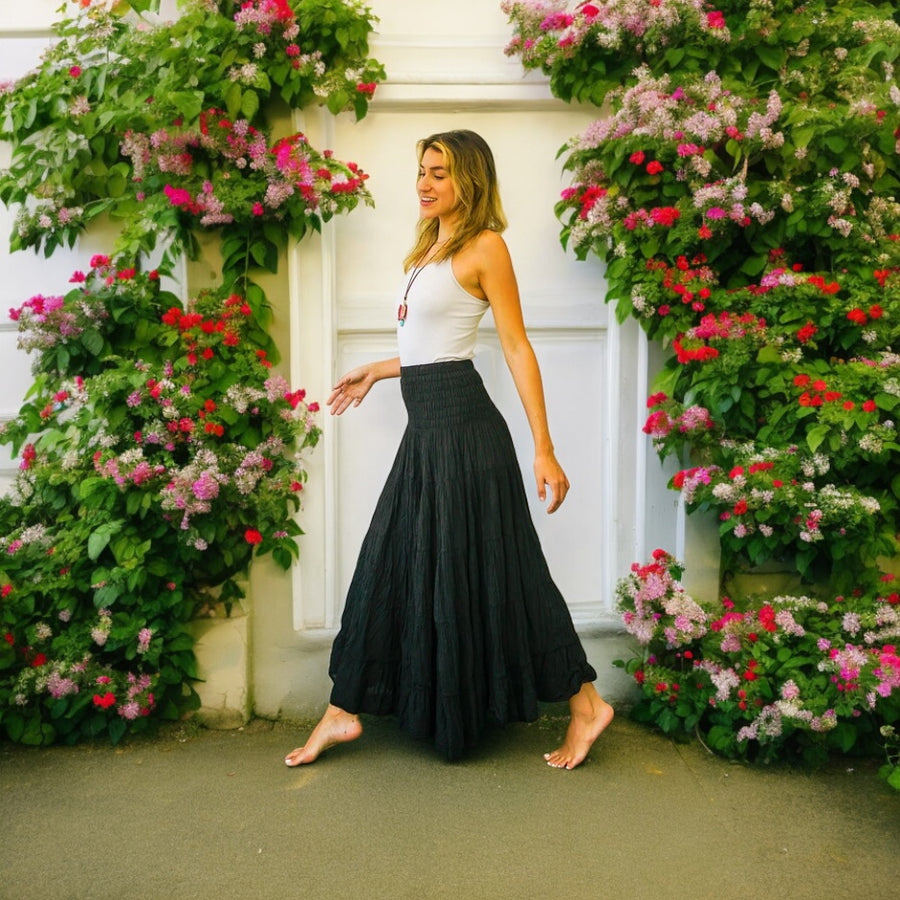 Black Raw Crinkled Organic Cotton Gauze Tiered Maxi Skirt