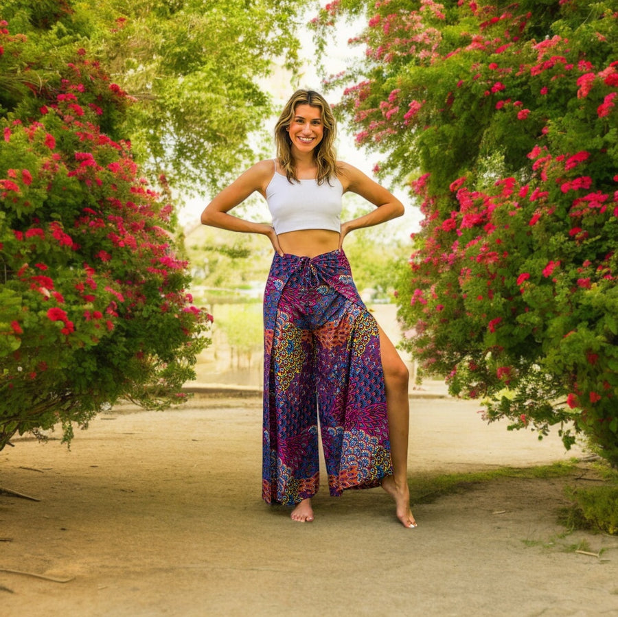 Purple Wild Peacock Palazzo Wrap Pants