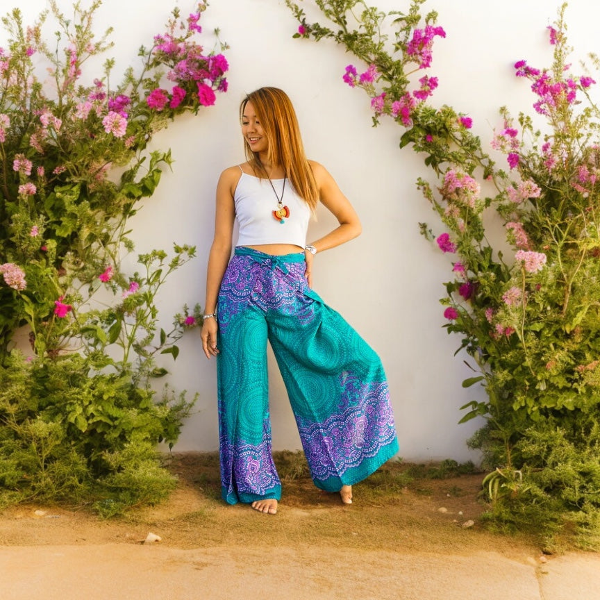 Turquoise Mandala Palazzo Wrap Pants