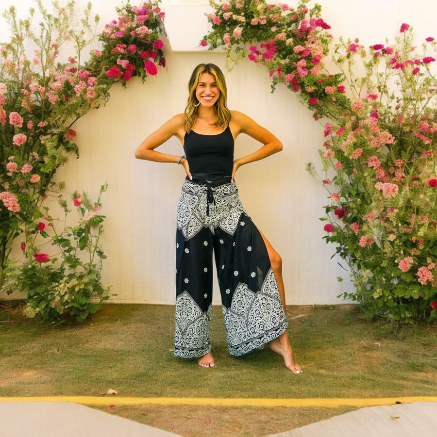 Black Royal Mandala Palazzo Wrap Pants