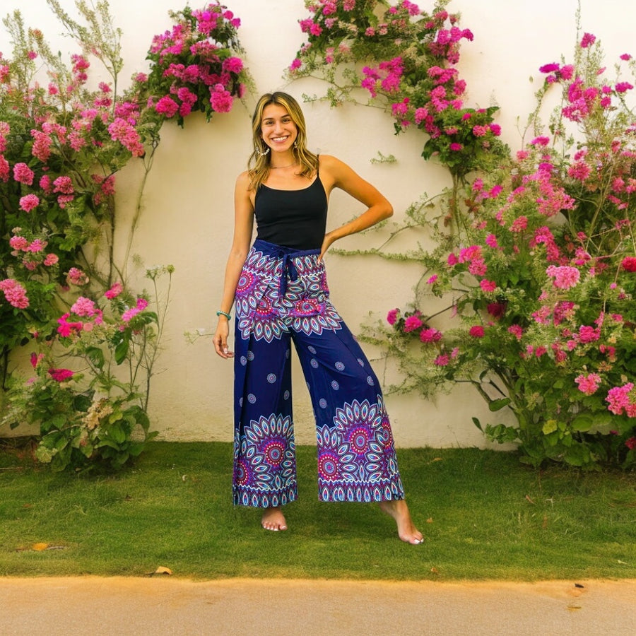 Blue Floral Mandala Palazzo Wrap Pants