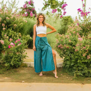 Turquoise Blue Raw Natural Cotton Palazzo Wrap Pants