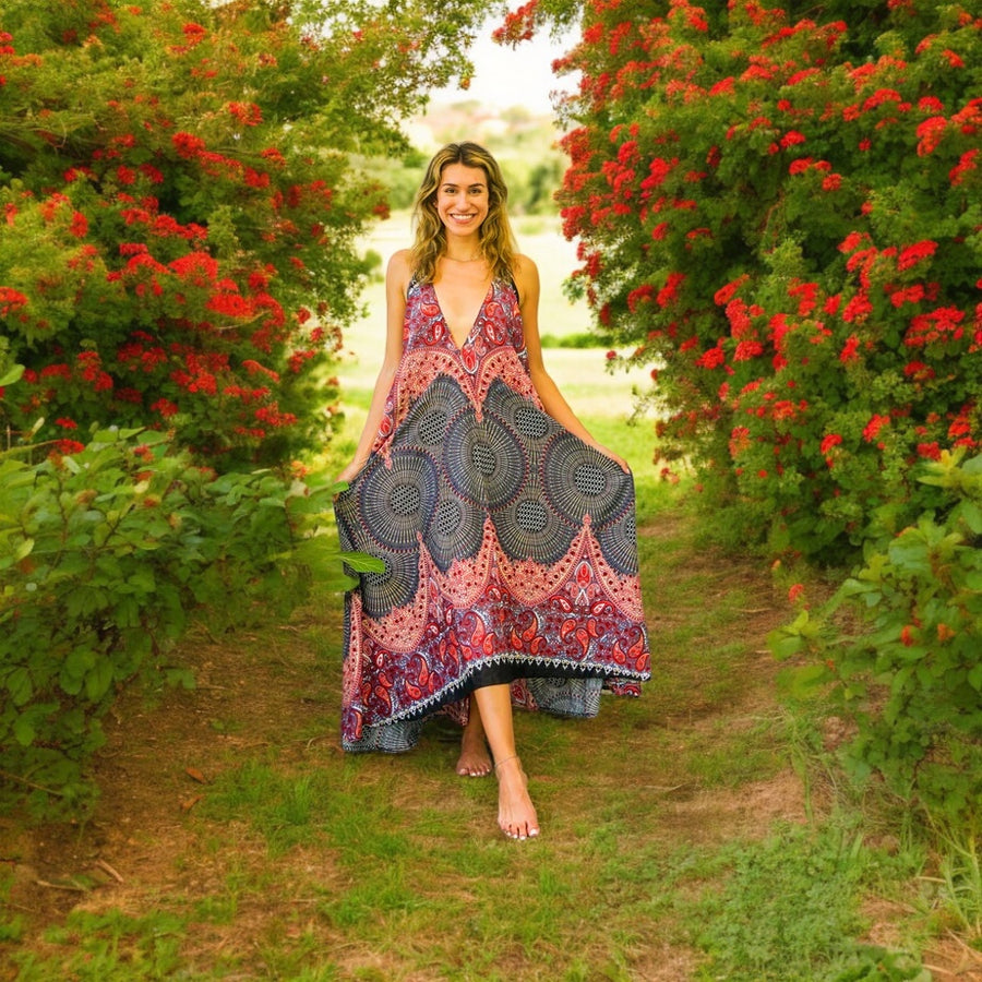 Burgundy Paisley Mandala Goddess Boho Maxi Dress