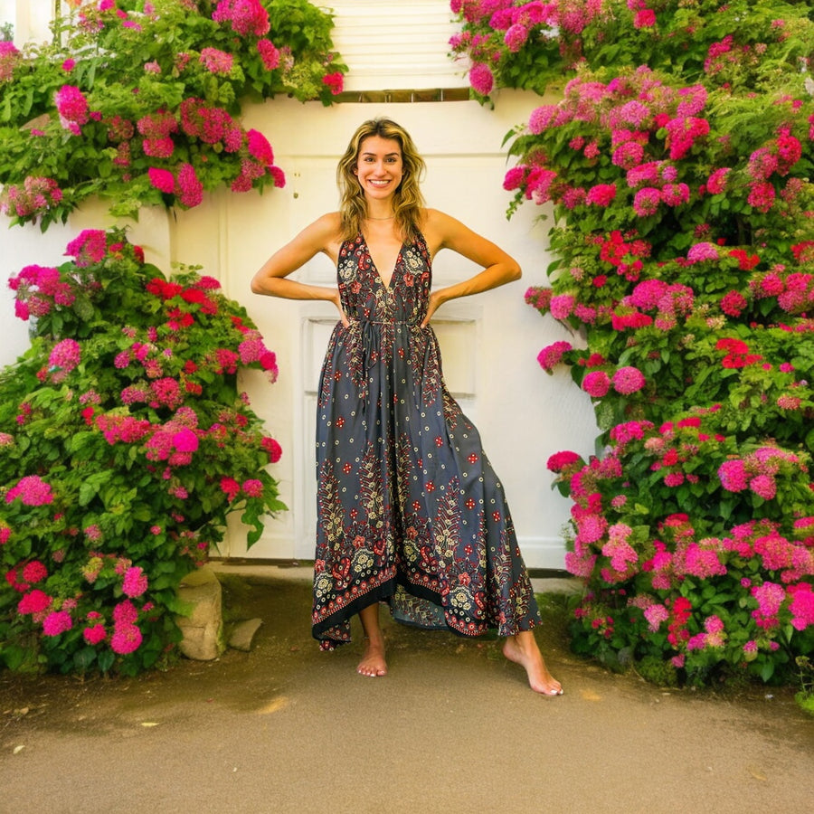 Gray Floral Mandala Goddess Boho Maxi Dress