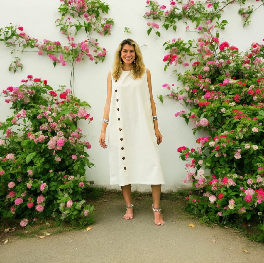 Organic Cotton Boho Dress with Coconut Buttons